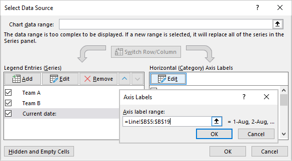 Axis Labels dialog box in Excel 365