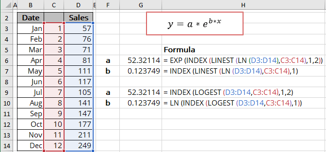 Formula for exponential trendline in Excel 365