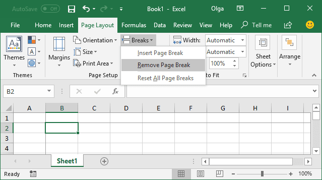 Remove page break in Excel 2016