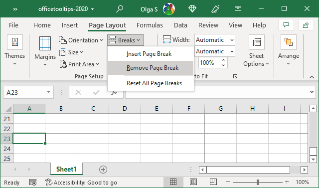 Remove page break in Excel 365