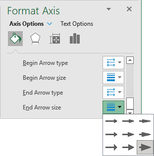 End Arrow size list in Format Axis pane Excel 365