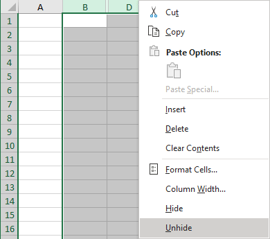 Unhide rows or columns in Excel 365