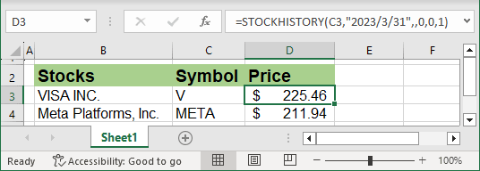 STOCKHISTORY funcion to return prices in Excel 365