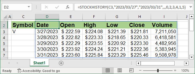 STOCKHISTORY funcion to return full information in Excel 365