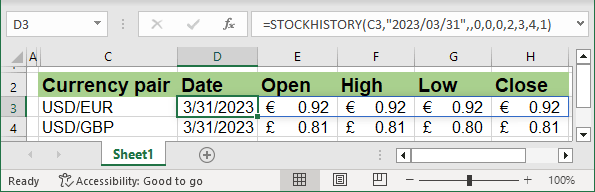 STOCKHISTORY funcion to return currency rates in Excel 365