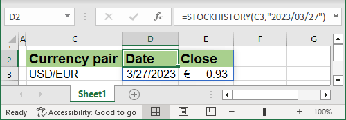 STOCKHISTORY funcion to return historical currency rates in Excel 365