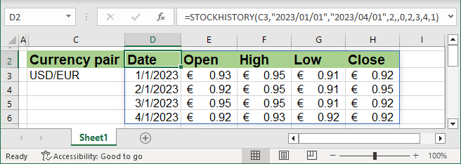 STOCKHISTORY funcion to return historical currency rates for the period in Excel 365