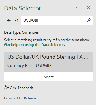 Select in Data Selector pane Excel 365