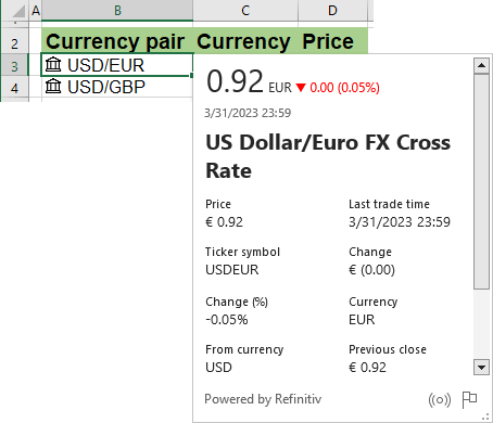 Available currency pair information in Excel 365