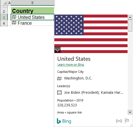 Available geographical region information in Excel 365