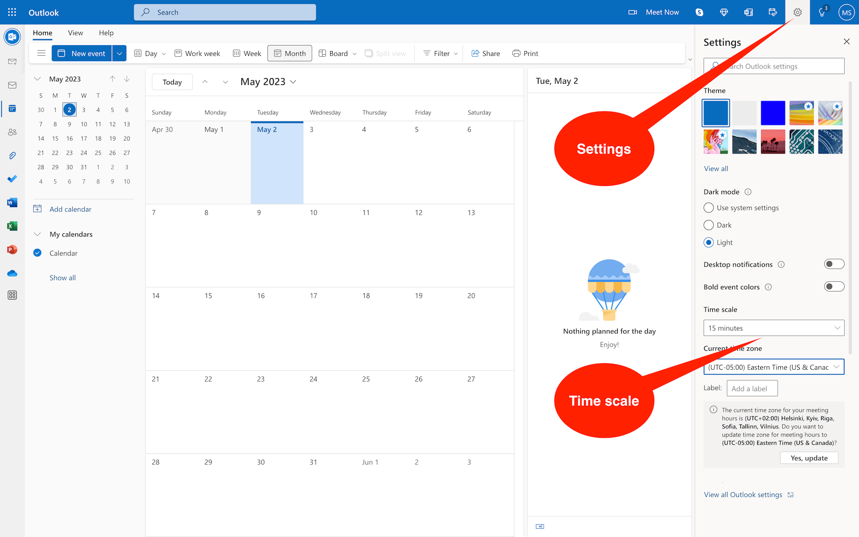 Change the Time scale in the Calendar settings