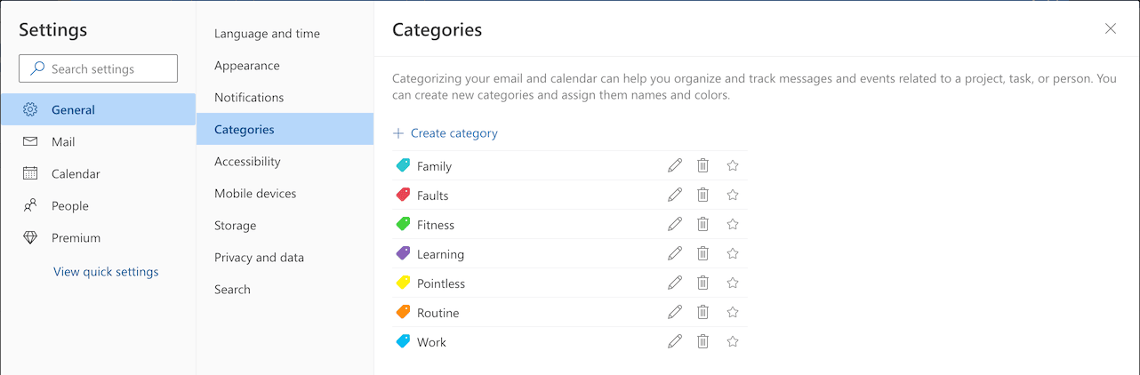 The Settings > Categories page