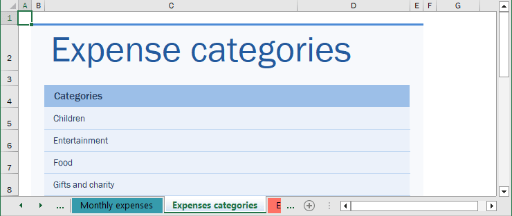 Family Monthly Budget Template - Expenses categories in Excel 365