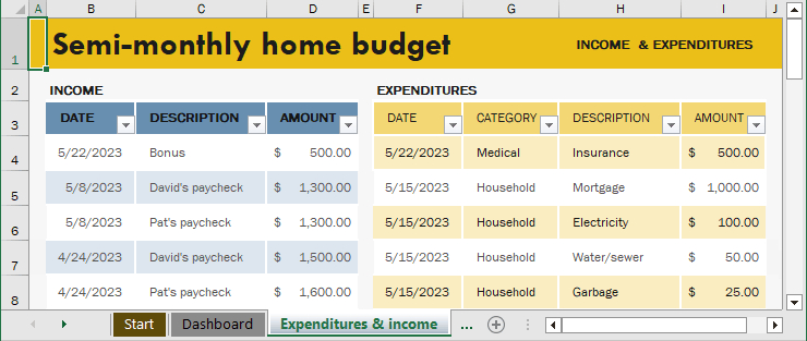 Semi-Monthly Budget Template - Expenditures and income tab in Excel 365