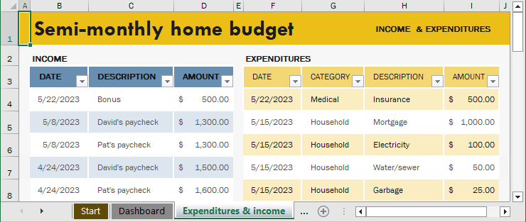 Semi-Monthly Budget Template - Expenditures and income tab in Excel for Microsoft 365 Semi-Monthly Budget Template - Expenditures and income tab in Excel 365