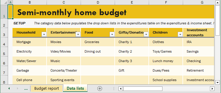Semi-Monthly Budget Template - Data lists tab in Excel 365