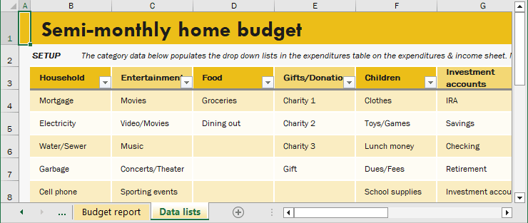 Semi-Monthly Budget Template - Data lists tab in Excel for Microsoft 365 Semi-Monthly Budget Template - Data lists tab in Excel 365