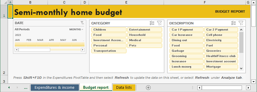 Semi-Monthly Budget Template - Budget report tab in Excel 365