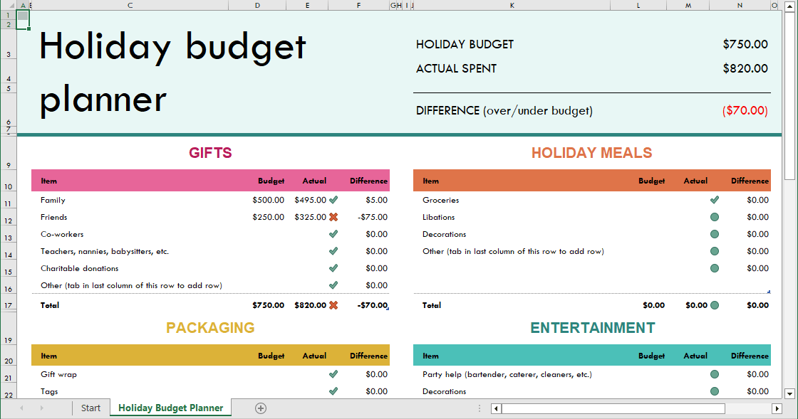 Holiday Budget Planner Template in Excel 365