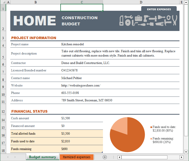 Home Construction Budget Template in Excel 365
