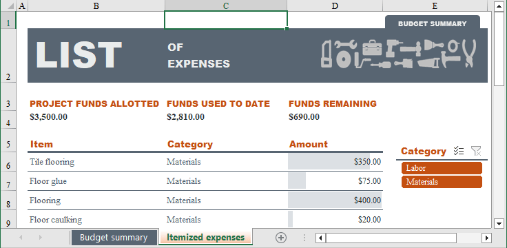 Home Construction Budget Template - Itemized Expenses tab in Excel for Microsoft 365 Home Construction Budget Template - Itemized Expenses tab in Excel 365