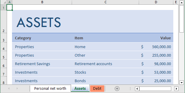 Personal Net Worth Template - Assets in Excel 365