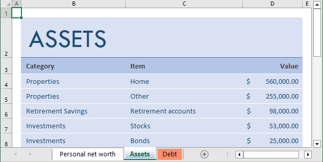 Personal Net Worth Template - Assets in Excel for Microsoft 365 Personal Net Worth Template - Assets in Excel 365