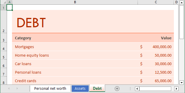 Personal Net Worth Template - Debt in Excel 365