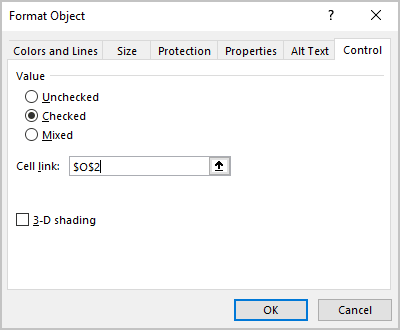 Format Control Check box in Excel 365