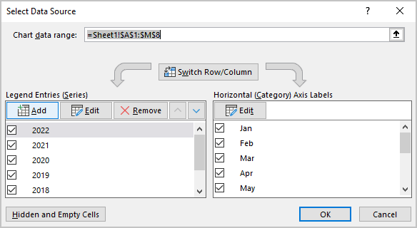 Select Data Source dialog box in Excel for Microsoft 365 Select Data Source dialog box in Excel 365