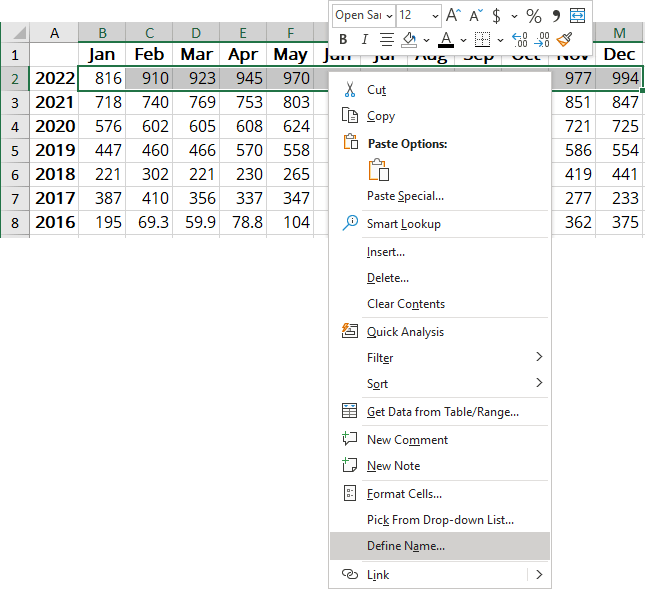 Define name in popup menu Excel 365