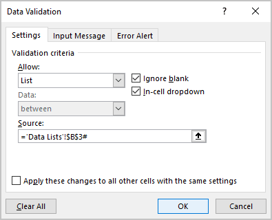 Data Validation dialog box in Excel 365