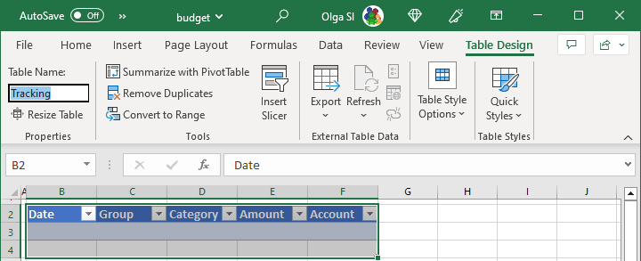 New table name in Excel 365