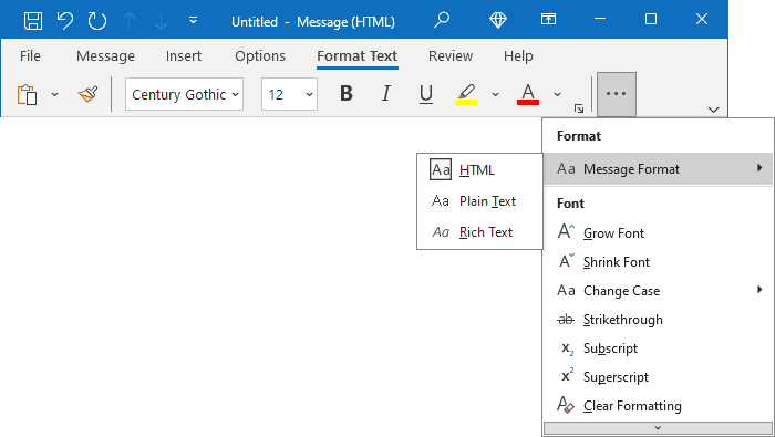 Message Format in Simplified ribbon Outlook 365