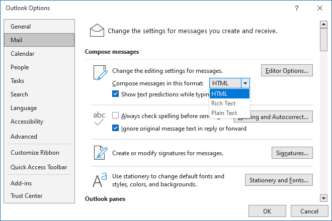 Compose messages in Outlook Options 365