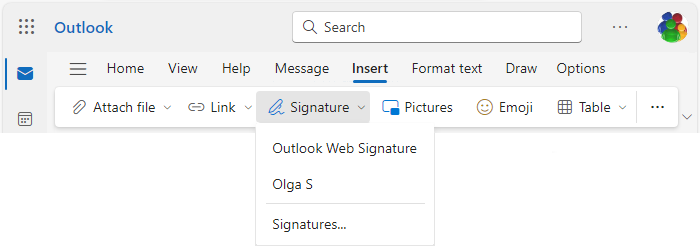 Insert signature in Simplified ribbon Outlook for Web