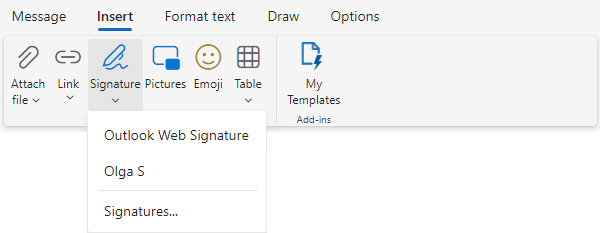 Insert signature in Classic ribbon Outlook for Web
