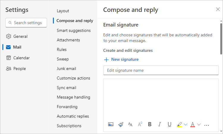 Compose and reply tab in Settings Outlook for Web