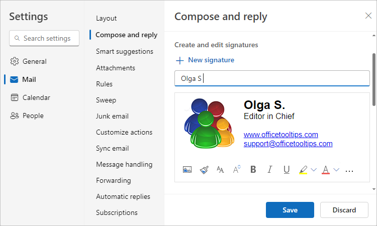Save new signature in Settings Outlook for Web