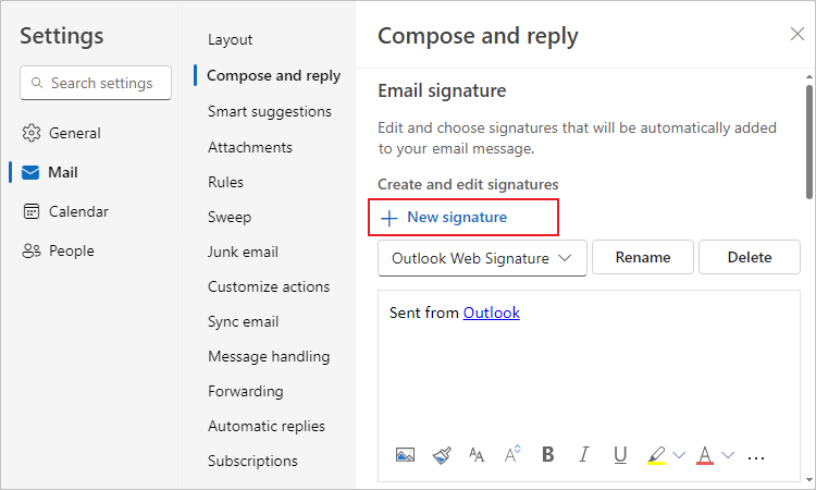 New signature in Settings Outlook for Web