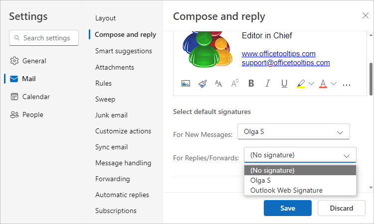 Assign signature in Settings Outlook for Web