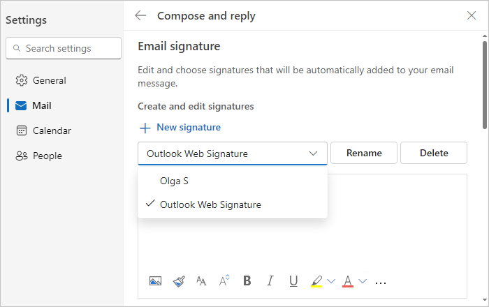 Modify signature in Settings Outlook for Web