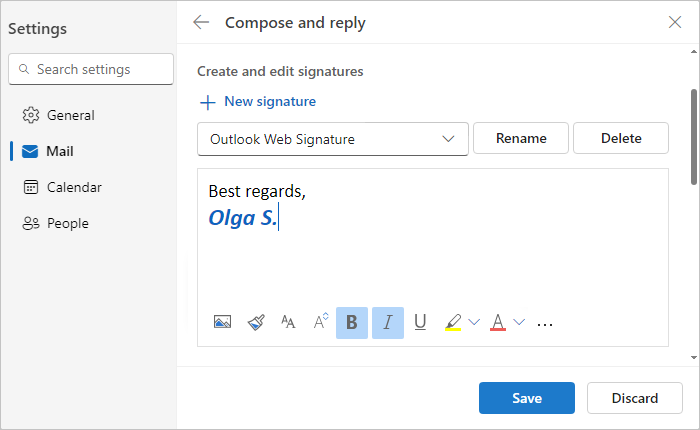 Edit signature in Settings Outlook for Web