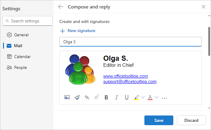 Rename signature in Settings Outlook for Web