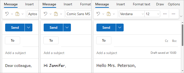 Examples of fonts in Outlook for Web