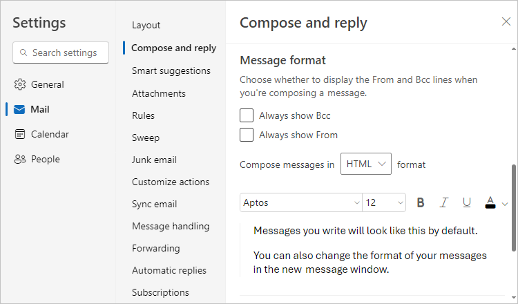 Message format in Settings Outlook for Web