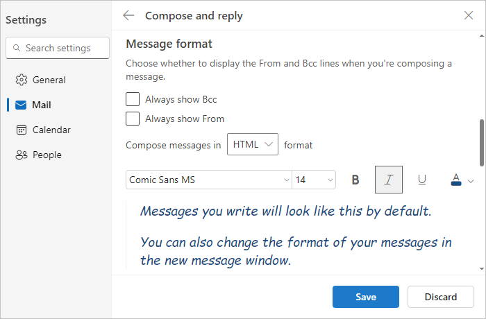 Examples of font settings in Outlook for Web