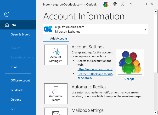 Add Account button in Account Information pane Outlook 365
