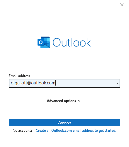Connect button in adding account Outlook 365