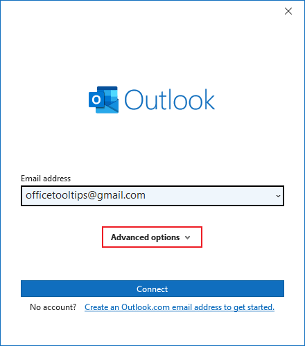 Advanced options in adding account Outlook 365